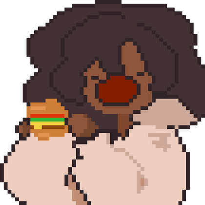 a pixelated version of rain's oc eating a burger with an widely opened mouth